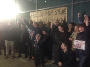 Supporters of the Focus E15 Campaign celebrate after the release of Jasmin Stone