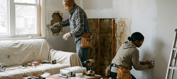Two contractors renovating a room with tools, exposed insulation, and patched walls