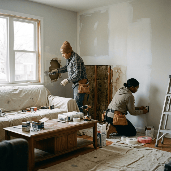 Two contractors renovating a room with tools, exposed insulation, and patched walls